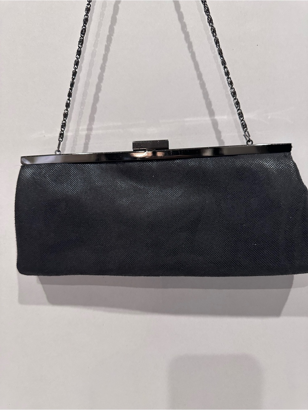 203D - Jessica McClintock Black Textured Evening Clutch Gunmetal Chain Strap inc